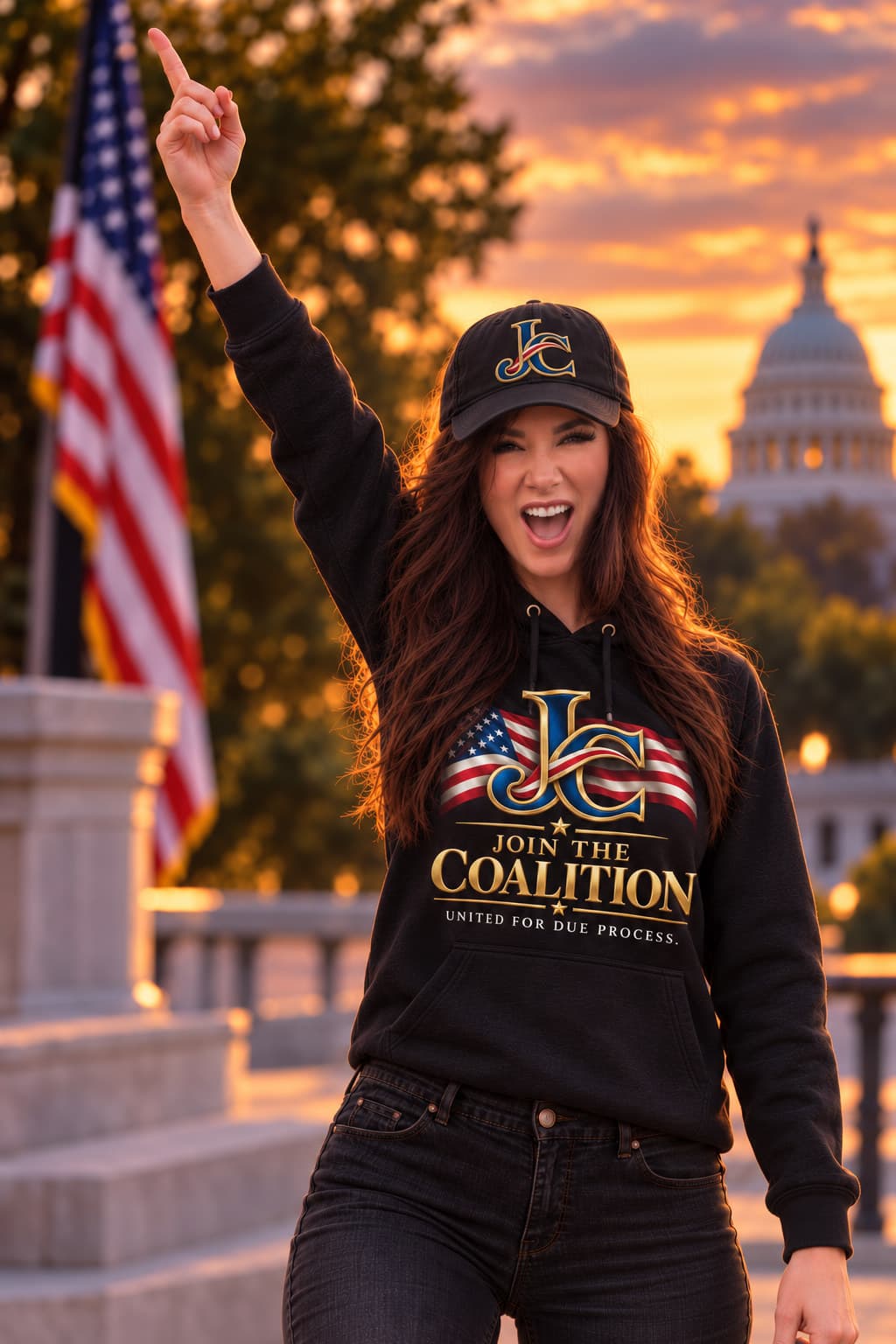 Meg in a black Join the Coalition hoodie, United for due process, in front of the Capitol.